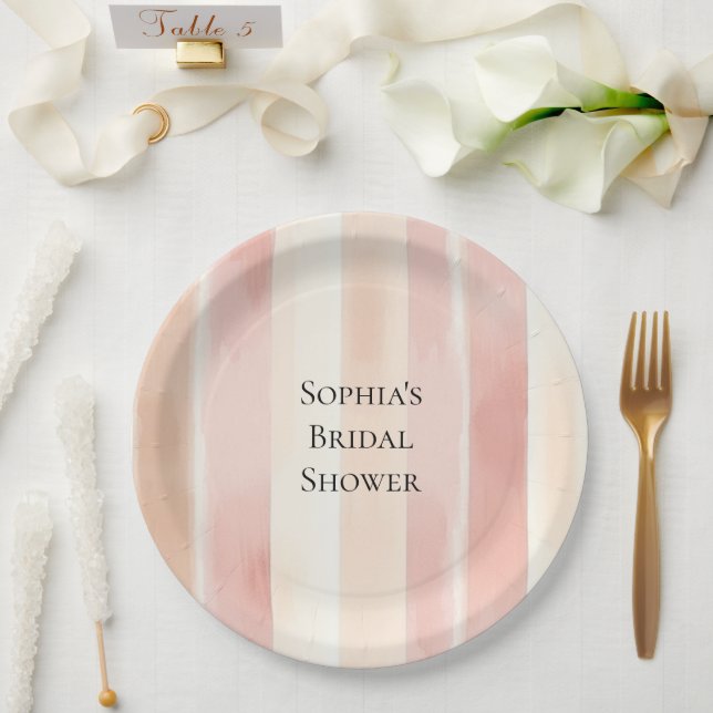 Pretty Peach Pink Cream Stripes Bridal Shower Paper Plates (Wedding)