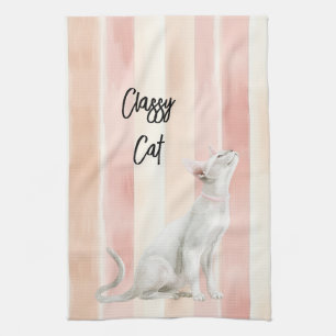 Pretty Peach Pink Cream Stripes Cat Kitchen Towel