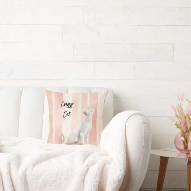 Pretty Peach Pink Cream Stripes Cat Throw Pillow (Couch)