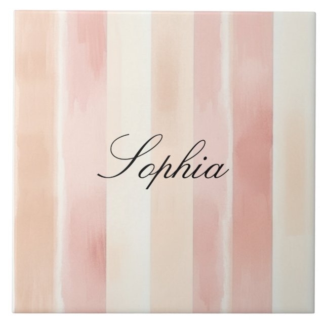 Pretty Peach Pink Cream Stripes  Ceramic Tile (Front)