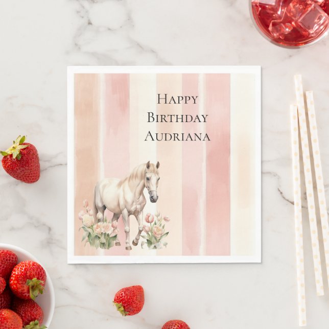 Pretty Peach Pink Cream Stripes Horse Birthday Napkins (Insitu)