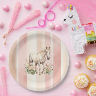 Pretty Peach Pink Cream Stripes Horse Birthday Paper Plates