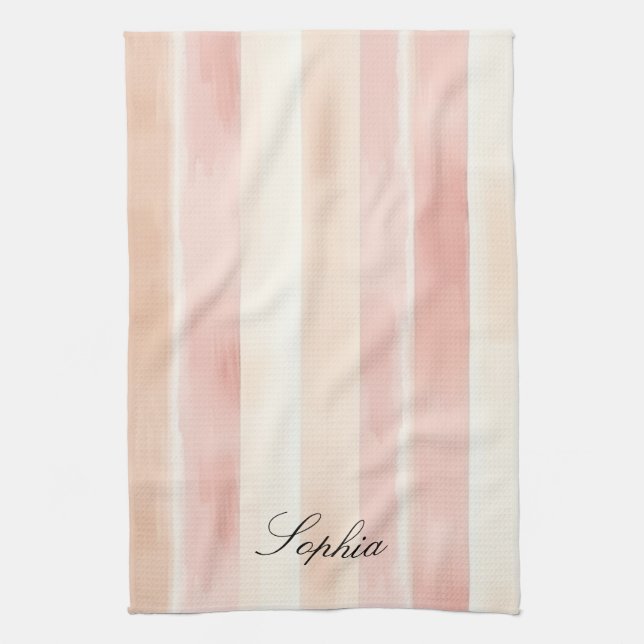 Pretty Peach Pink Cream Stripes  Kitchen Towel (Vertical)