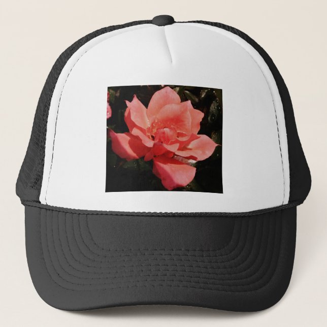 Pretty Peach Pink Rose floral Trucker Hat (Front)