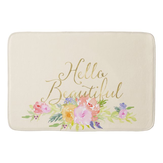 Pretty Peach Pink Watercolor Floral Bathroom Mat (Front)