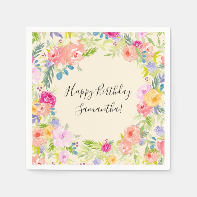 Pretty Peach Pink Watercolor Floral birthday Paper Napkins (Front)