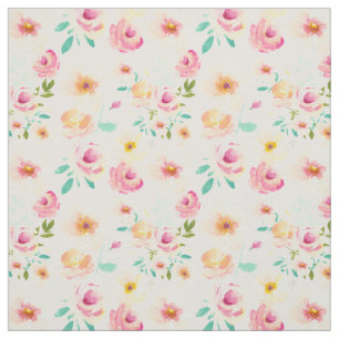 Pretty Peach Pink Yellow Watercolor Floral Fabric