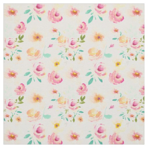 Pretty Peach Pink Yellow Watercolor Floral Fabric