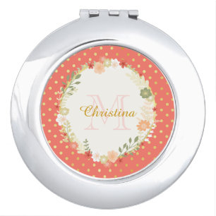 Pretty Peach Polka Dot Floral Name and Monogram Mirror For Makeup