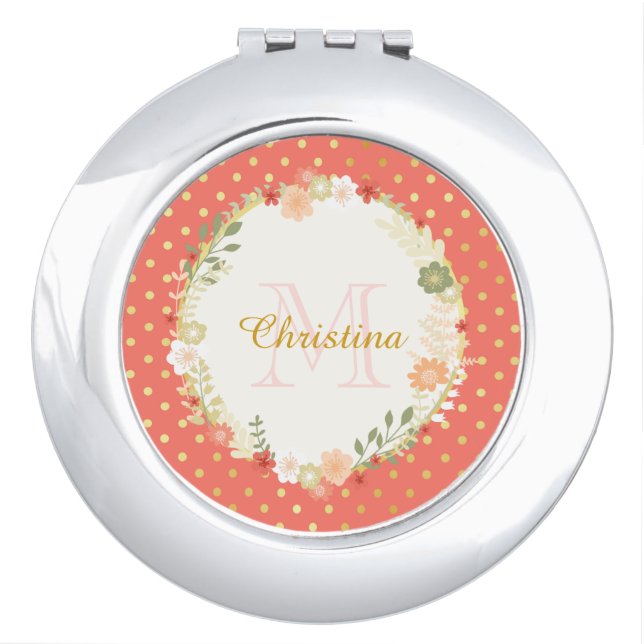 Pretty Peach Polka Dot Floral Name and Monogram Mirror For Makeup (Front)