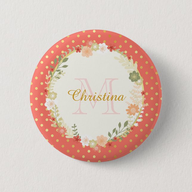 Pretty Peach Polka Dot Floral Name and Monogram Pinback Button (Front)