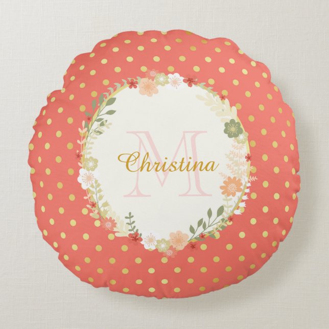 Pretty Peach Polka Dot Floral Name and Monogram Round Pillow (Front)
