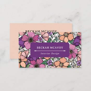 Pretty Peach & Purple Floral Pattern Business Business Card by birchandoak at Zazzle