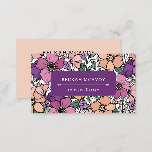Pretty Peach  Purple Floral Pattern Business Business Card