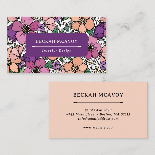 Pretty Peach & Purple Floral Pattern Business Business Card (Front/Back)
