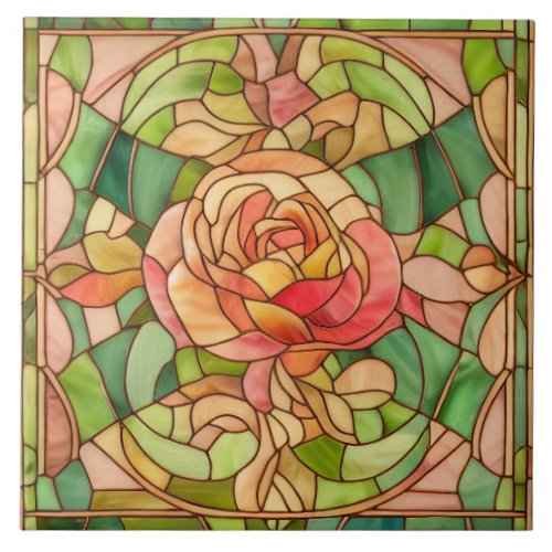 Pretty Peach Rose Stained Glass Style Ceramic Tile
