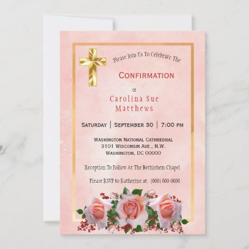 Pretty Peach Roses Bouquet Floral Confirmation Invitation