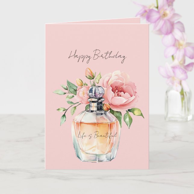 Pretty Peach Roses Perfume Bottle Birthday Card (Orchid)