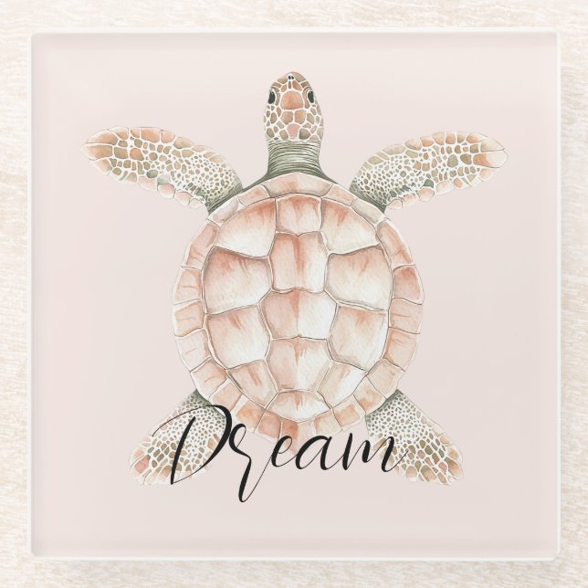 Pretty Peach Sea Turtle Dream Glass Coaster (Front)