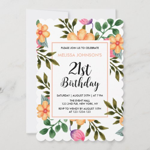 Pretty Peach Spring Flora Botanical 21st Birthday Invitation