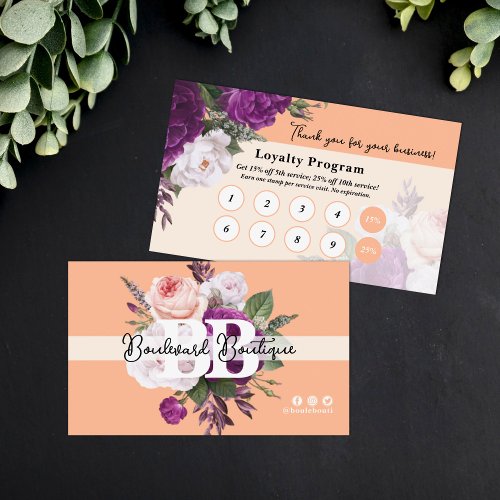 Pretty Peach Vintage Floral Service Loyalty Stamp Business Card