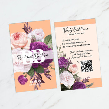 Pretty Peach Vintage Roses Floral Boutique Qr Code Business Card by CyanSkyDesign at Zazzle