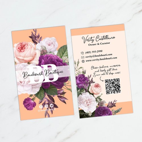 Pretty Peach Vintage Roses Floral Boutique QR Code Business Card