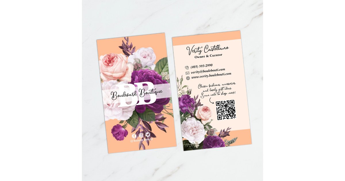 Pretty Peach Vintage Roses Floral Boutique QR Code Business Card | Zazzle