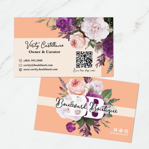 Pretty Peach Vintage Roses Floral Boutique QR Code Business Card