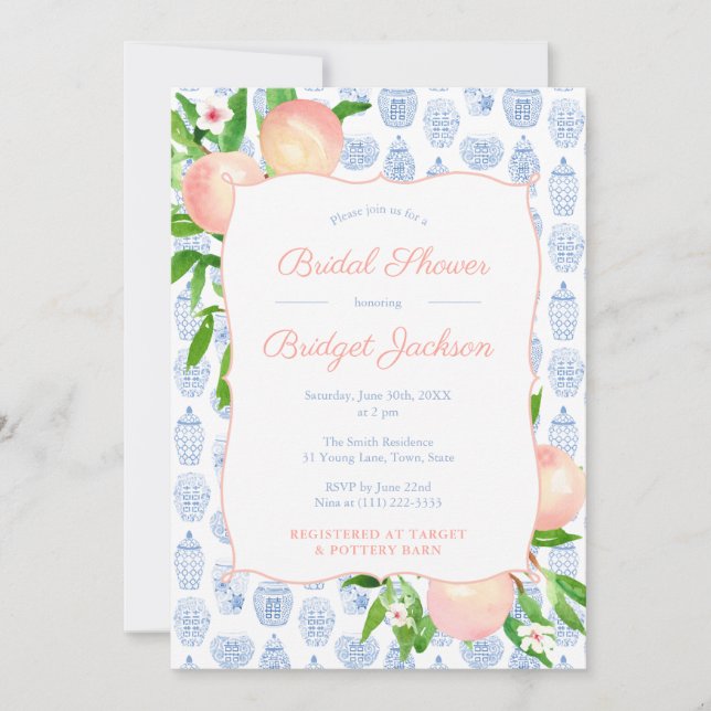 Pretty Peaches Blue And White Wedding Shower Party Invitation (Front)