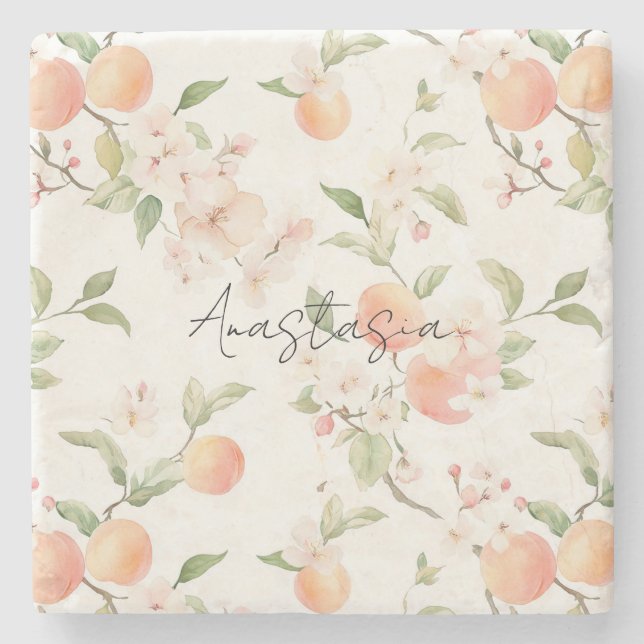 Pretty Peaches Floral Stone Coaster (Front)