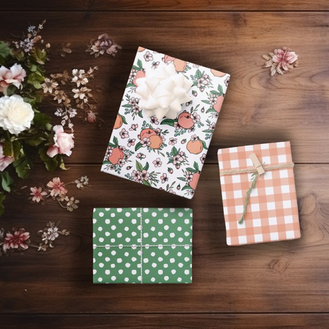 Pretty Peaches & Gingham Mixed Patterns Wrapping Paper Sheets (Creator Uploaded)