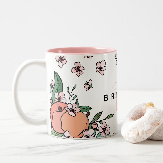 Pretty Peaches & Peach Blossom Pink Monogram Two-Tone Coffee Mug (With Donut)