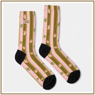 Pretty Peachy Pink & Green Striped Leaf Monogram Socks