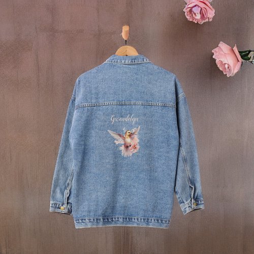 Pretty Peachy Pink Hummingbird with Monogram Name Denim Jacket