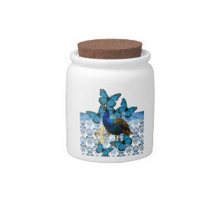 Pretty Peacock and blue butterflies Candy Jar