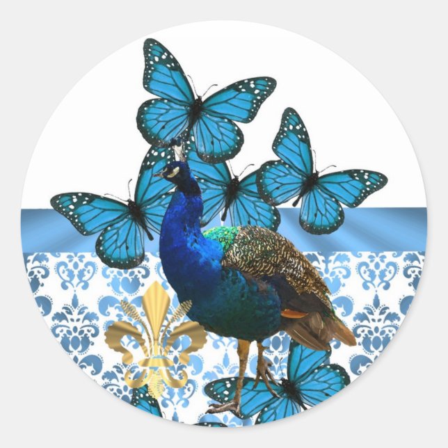 Pretty Peacock and blue butterflies Classic Round Sticker (Front)