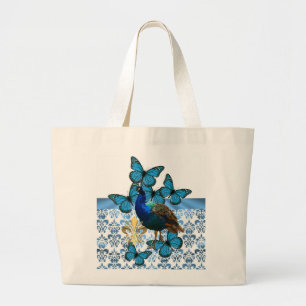 Pretty Peacock and blue butterflies Large Tote Bag