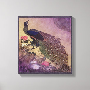 Pretty Peacock and Peonies in Purple Canvas Print