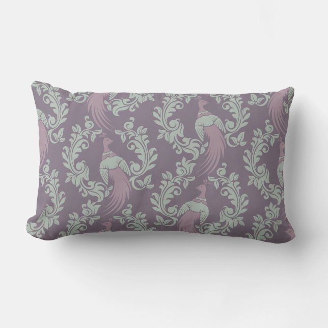 Pretty Peacock Damask Pattern Lumbar Pillow (Front)