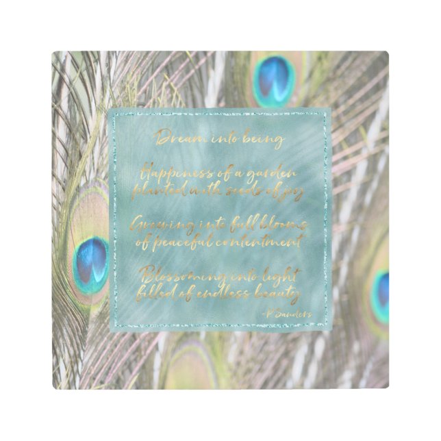 Pretty Peacock Feathers Gold Dream Poem Metal Print (Front)