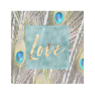 Pretty Peacock Feathers Gold Love Metal Print