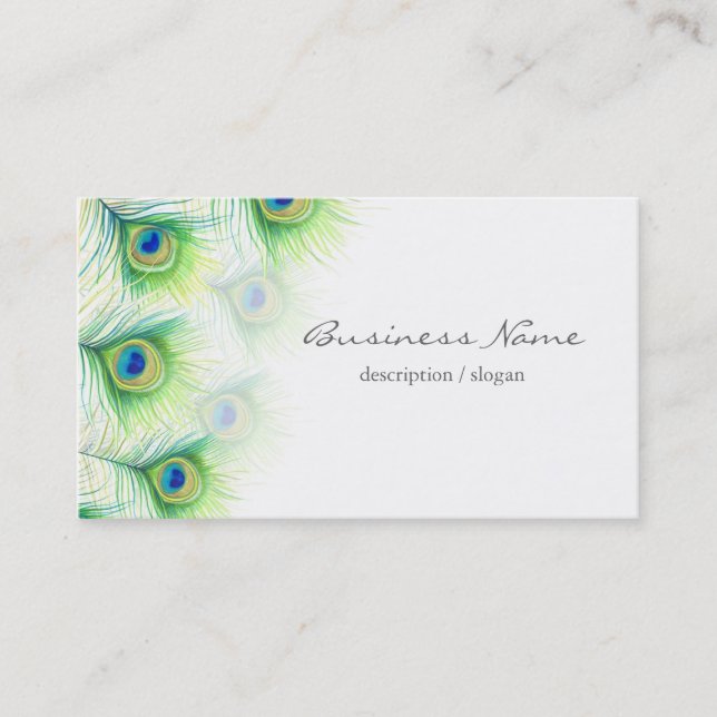 Pretty Peacock Feathers over White Business Card (Front)