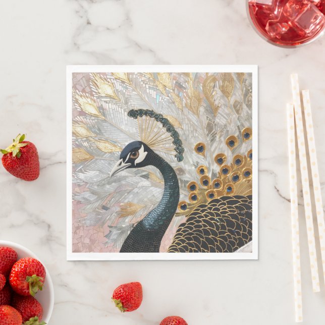 Pretty Peacock Gold Christmas Napkins (Insitu)