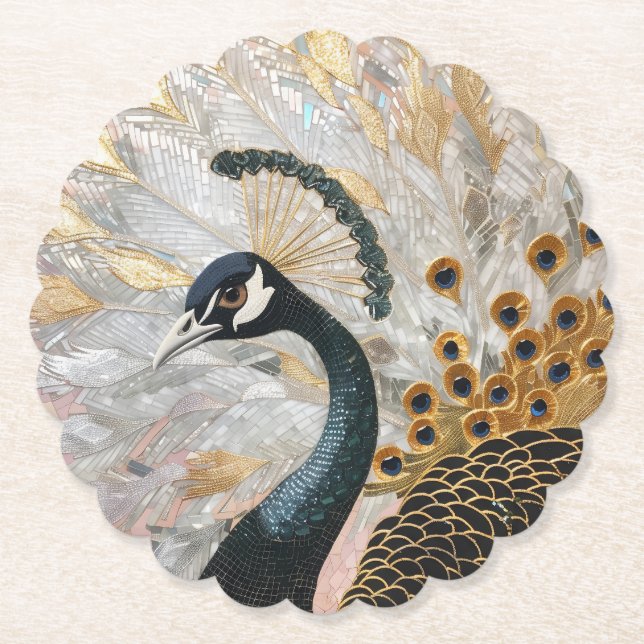 Pretty Peacock Gold Christmas Paper Coaster (Front)