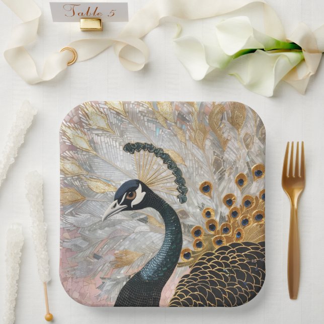 Pretty Peacock Gold Christmas Paper Plates (Wedding)