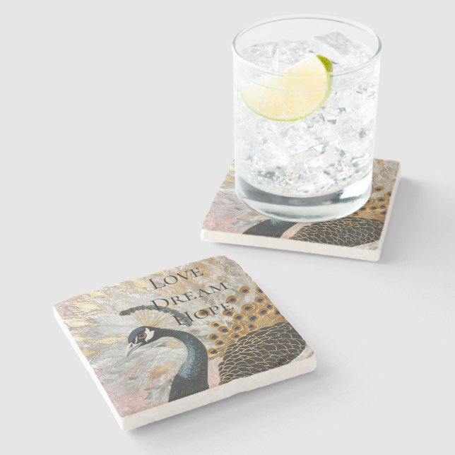 Pretty Peacock Gold Christmas Stone Coaster (Side)