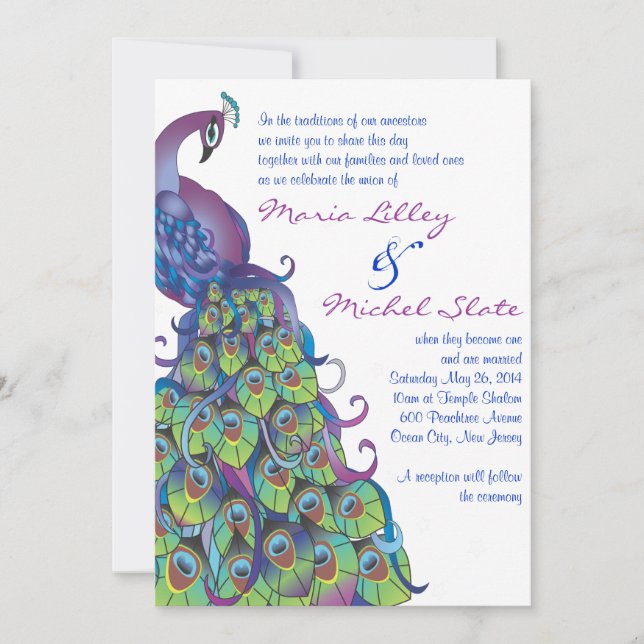 PRETTY PEACOCK Themed Wedding Invitation Invite (Front)