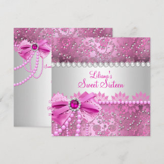 Pretty Pearl Bow Lace Pink Silver Sweet 16 Invitation