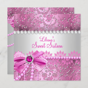 Pretty Pearl Bow Lace Pink Silver Sweet 16 Invitation
